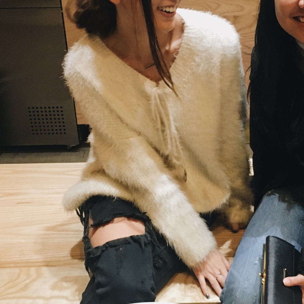 fuzzy front tie sweater